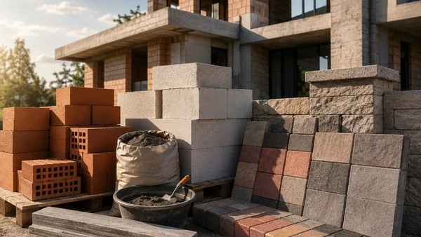 Tehly, tvárnice, cement a dlažba pred rozostavaným domom